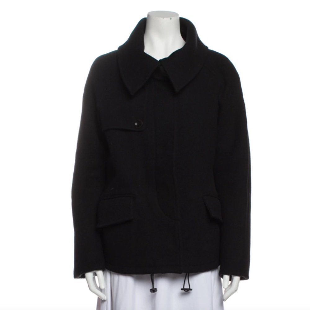 CLOSED NWOT BLK WOOL & LEATHER WAISTED FUNNEL NECK PEACOAT